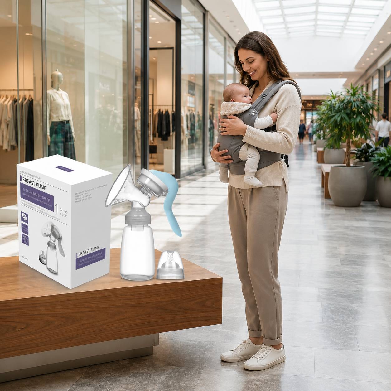 Tire lait manuel portable bleu présenté avec ses accessoires et son emballage