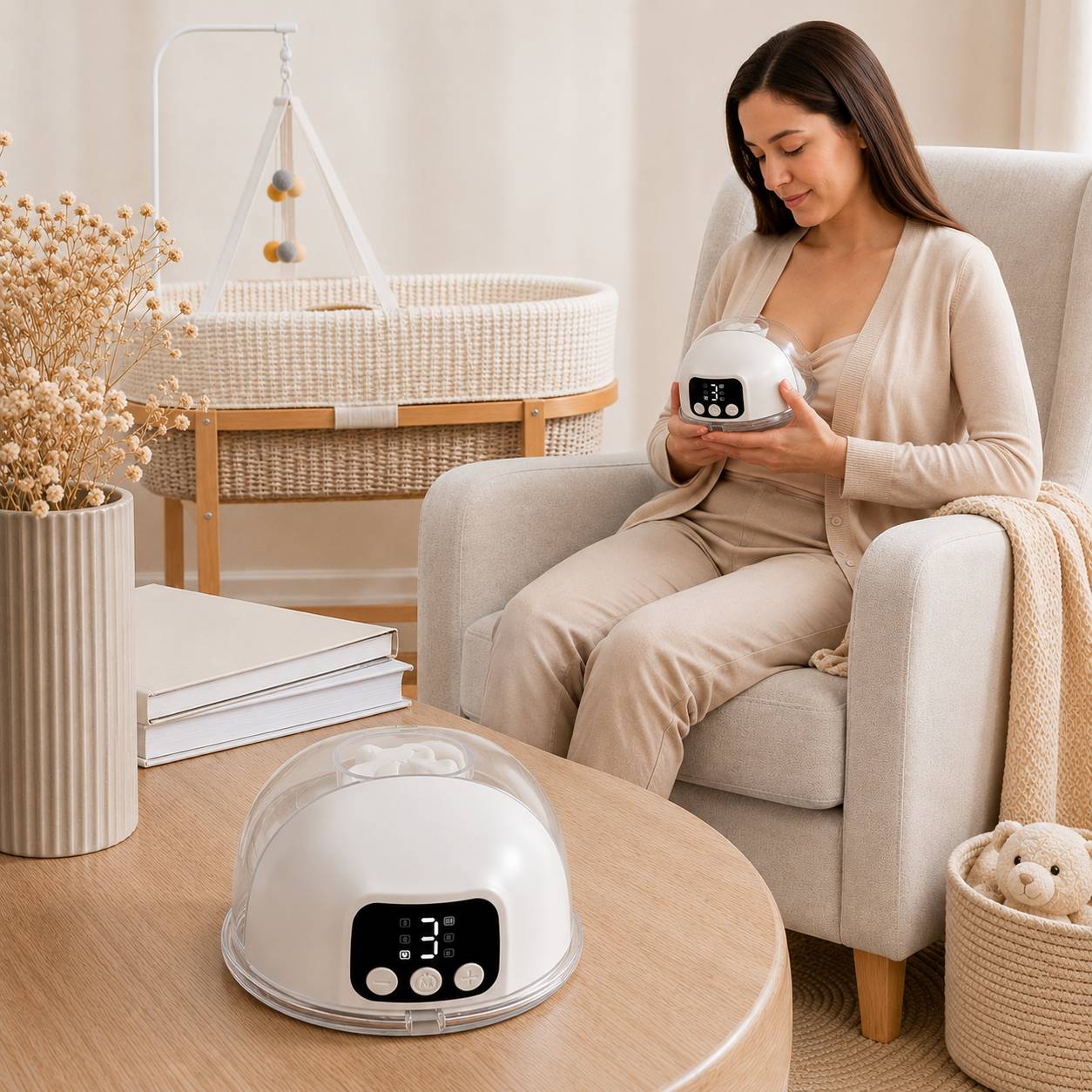 Tire lait portable mains libres utilisé discrètement à la maison pendant un moment de repos