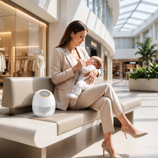 Maman avec bebe utilisant un tire lait portable discret dans un centre commercial moderne