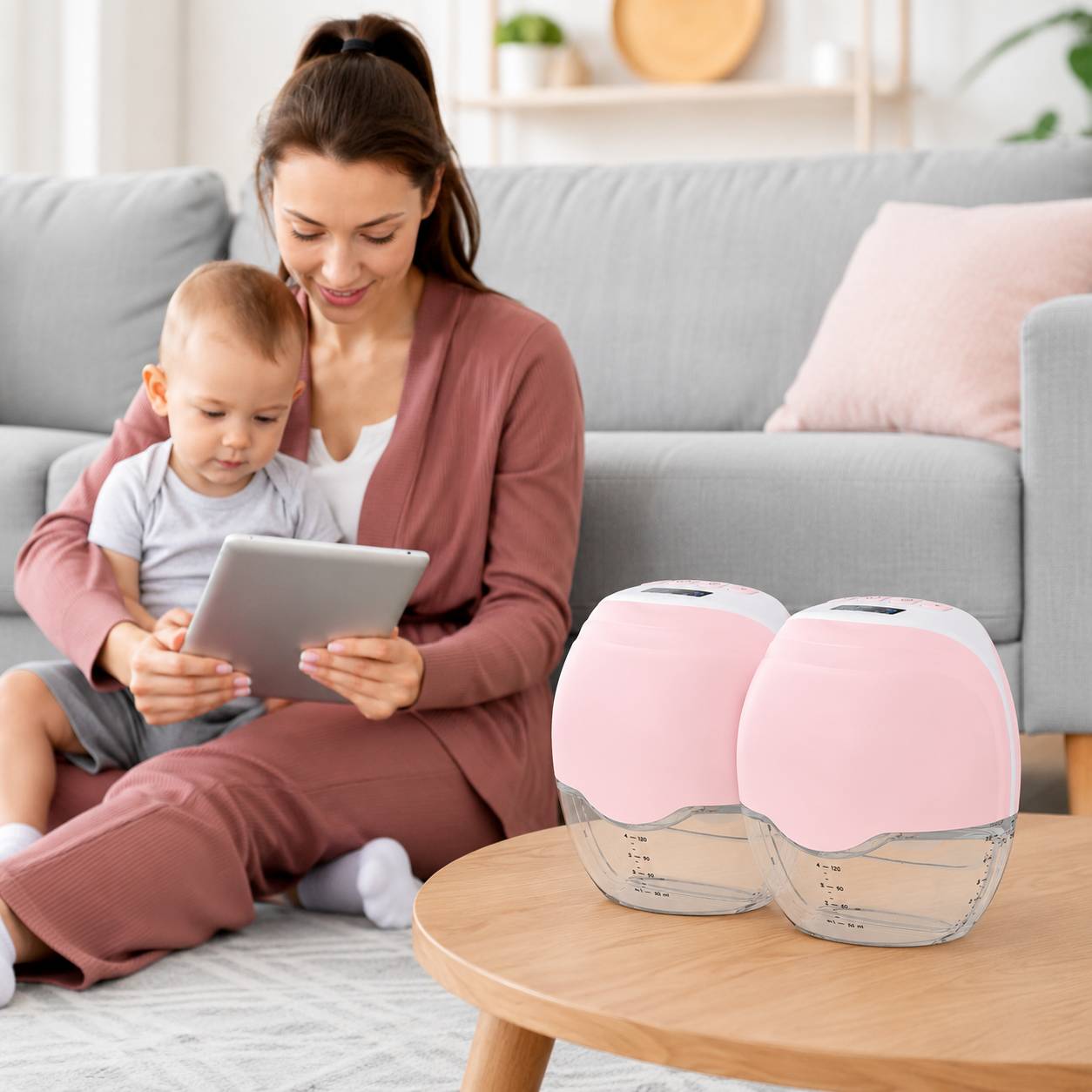 Tire lait portable double électrique rechargeable présenté avec une maman et son bébé dans un salon 