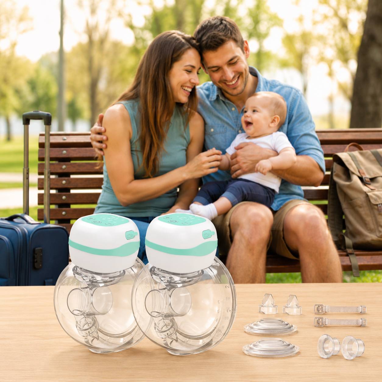 Tire lait portable mains libres double vert conçu pour un pompage discret