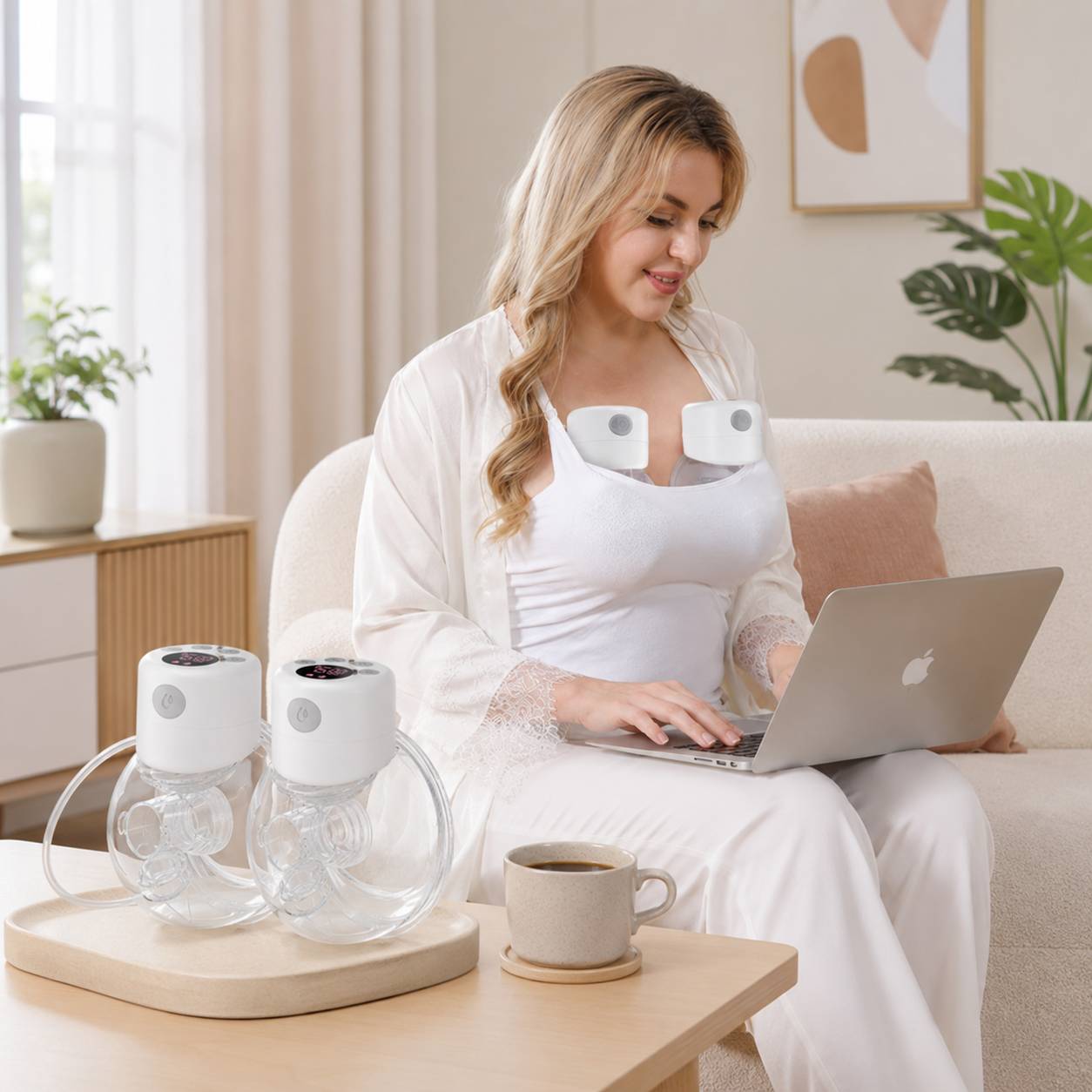 Tire lait portable mains libres double utilise par une maman avec son bebe 