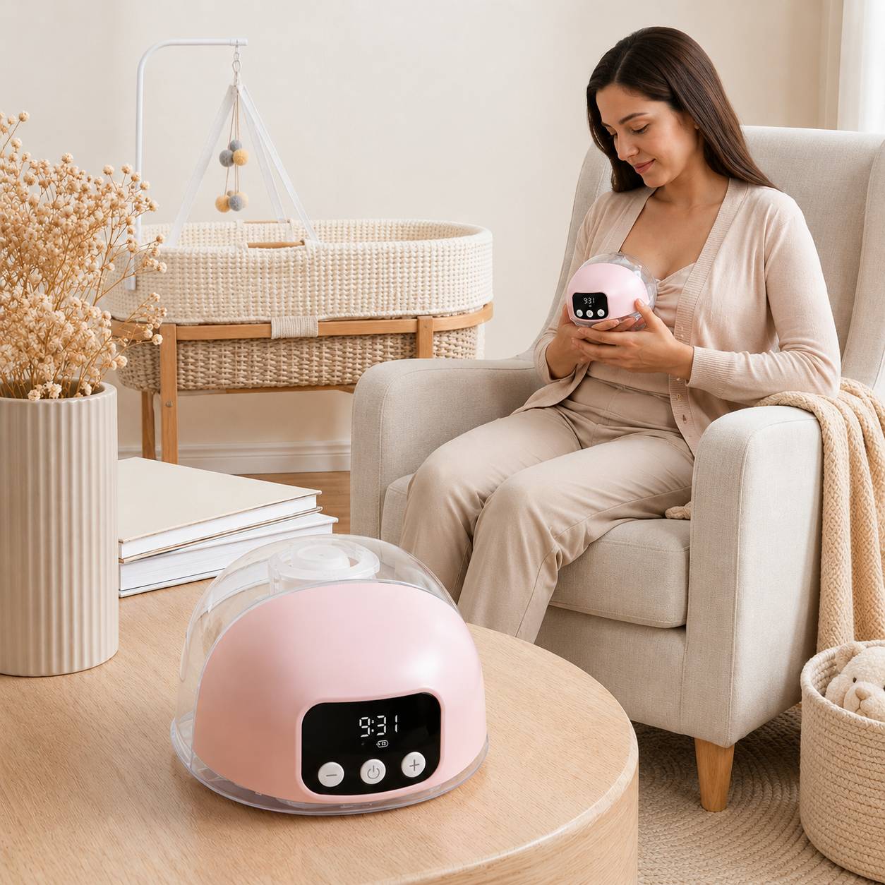 Maman utilisant un tire lait portable dans un salon moderne et confortable